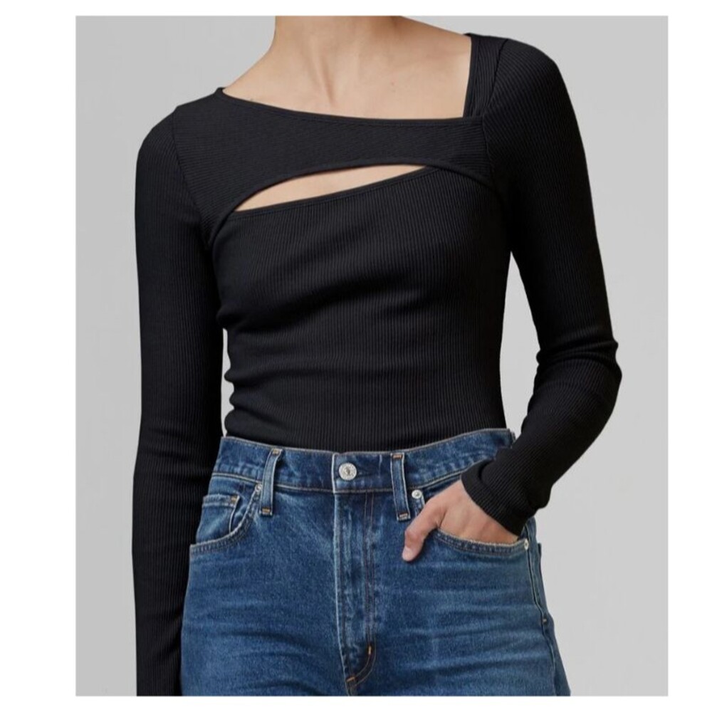 Citizens of Humanity Iris Long Sleeve Cut Out Top Ribbed Black Womens Small